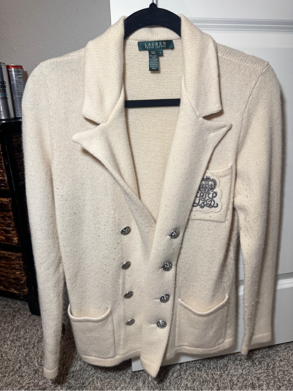 Lauren Ralph Lauren Cream Double-Breasted Cozy Wool Blazer with Crest Comforting